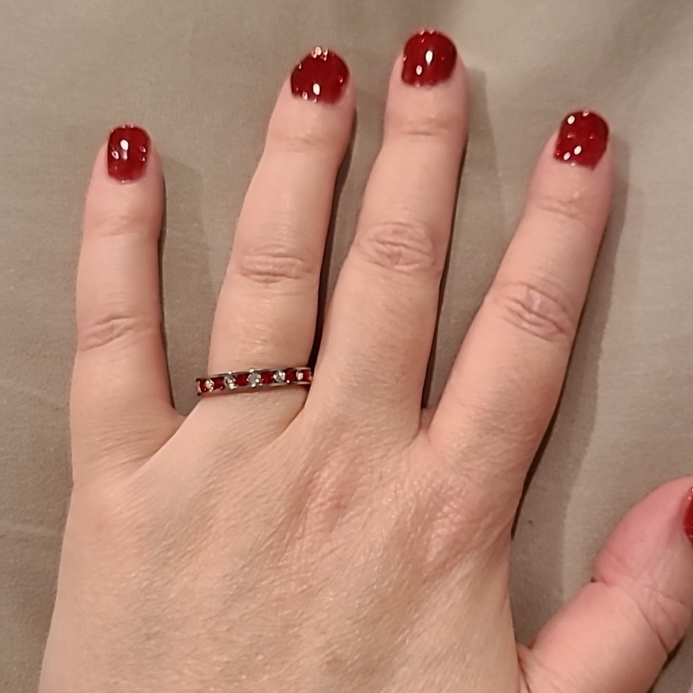 Channel set red and clear stones cubic zirconia stainless steel eternity ring